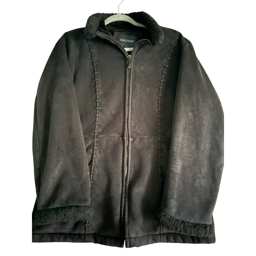 Nautica Womens Black Faux Suede Shearling Trim Whipstitch Full Zip Jacket Medium